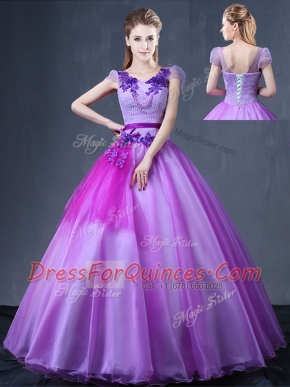 Lavender V-neck Neckline Lace and Appliques Quinceanera Gowns Short Sleeves Lace Up