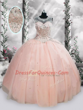 Unique Sleeveless Tulle Floor Length Lace Up Quinceanera Dress in Pink with Beading and Sequins