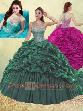 Cheap Lovely See Through Beaded and Bubble Quinceanera Dress in Dark Green