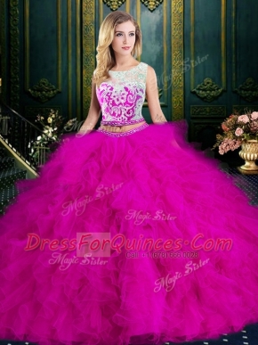 Scoop Sleeveless Zipper Sweet 16 Quinceanera Dress Fuchsia Tulle