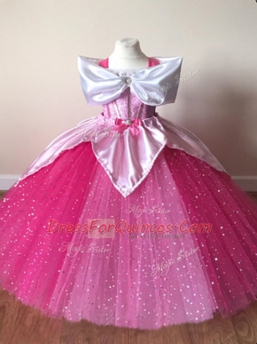 Fuchsia Short Sleeves Tulle Zipper Pageant Gowns For Girls for Wedding Party