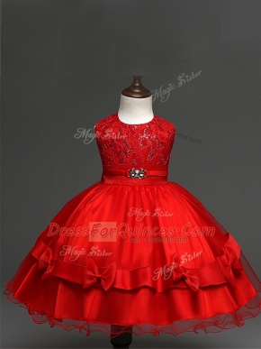 Cute Knee Length Ball Gowns Sleeveless Red Little Girls Pageant Dress Zipper