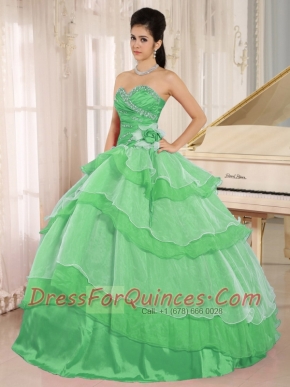 Green Sweetheart Beaded Decorate and Ruched Bodice Ruffled Layeres 15th Birthday Dresses In 2013