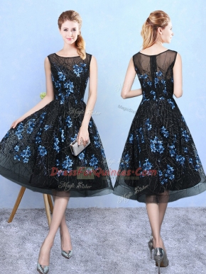 Square Sleeveless Damas Dress Knee Length Appliques Blue And Black Tulle