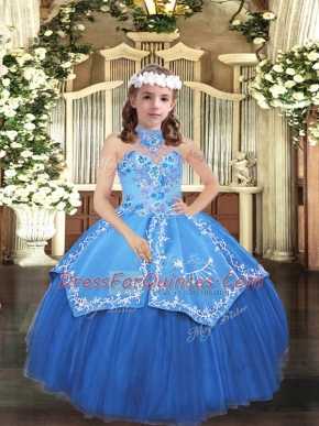 Tulle High-neck Sleeveless Lace Up Embroidery Little Girls Pageant Dress Wholesale in Blue