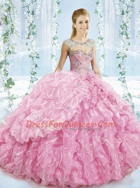 Custom Designed Sleeveless Brush Train Beading and Ruffles Lace Up Quinceanera Gowns