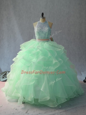 Discount Organza Halter Top Sleeveless Backless Beading and Ruffles Quinceanera Dress in Apple Green and Pink And White