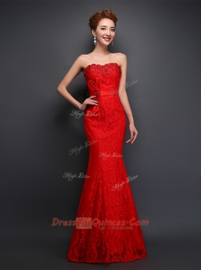 Custom Made Mermaid Beading and Bowknot Prom Dress Red Lace Up Sleeveless Floor Length