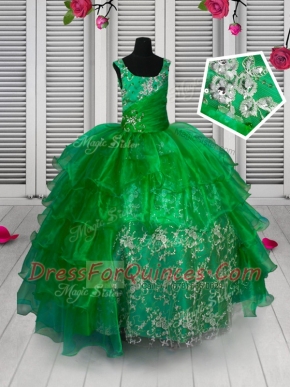 Lovely Ruffled Floor Length Ball Gowns Sleeveless Green Toddler Flower Girl Dress Lace Up
