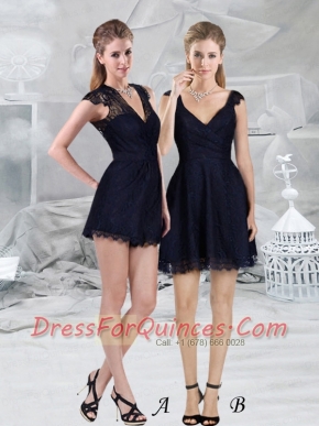 Navy Blue Lace Empire V Neck Cap Sleeves Dama Dress with Mini Length