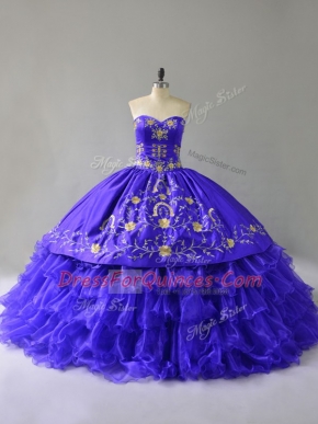 Sweet Blue Sleeveless Floor Length Embroidery and Ruffled Layers Lace Up Quinceanera Gowns