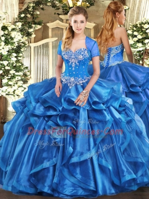 Sleeveless Organza Floor Length Lace Up Quinceanera Gown in Baby Blue with Beading and Ruffles