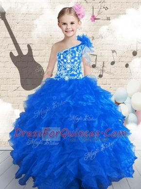 Pretty One Shoulder Embroidery and Ruffles and Hand Made Flower Flower Girl Dress Navy Blue Lace Up Sleeveless Floor Length
