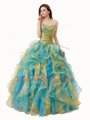 Elegant Multi-color Organza Lace Up Sweetheart Sleeveless Floor Length Vestidos de Quinceanera Beading and Ruffles and Ruching