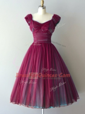 Elegant V-neck Cap Sleeves Lace Up Quinceanera Court Dresses Burgundy Chiffon