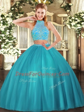 Two Pieces Sweet 16 Dresses Aqua Blue Halter Top Tulle Sleeveless Floor Length Criss Cross
