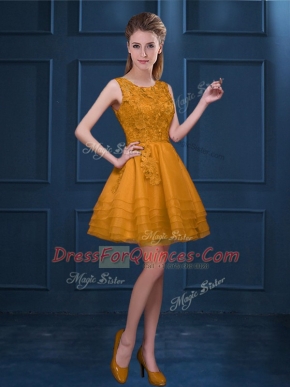 Colorful Gold Tulle Zipper Scoop Sleeveless Knee Length Quinceanera Court of Honor Dress Lace and Ruffled Layers