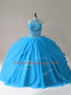 Floor Length Baby Blue Quince Ball Gowns Halter Top Sleeveless Lace Up