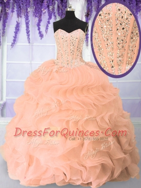 Pink Sweetheart Neckline Beading and Ruffles Vestidos de Quinceanera Sleeveless Lace Up