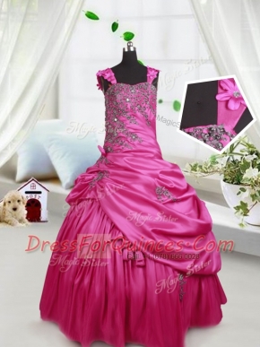Pick Ups Floor Length Hot Pink Flower Girl Dress Straps Sleeveless Lace Up