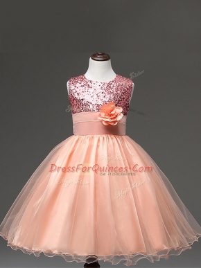 Luxurious Knee Length Ball Gowns Sleeveless Peach Little Girl Pageant Dress Zipper