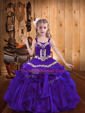 Purple Ball Gowns Embroidery and Ruffles Little Girls Pageant Dress Wholesale Lace Up Organza Sleeveless Floor Length