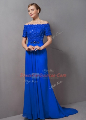 Beauteous Blue Prom Evening Gown Prom and Party with Lace Off The Shoulder Short Sleeves Sweep Train Zipper