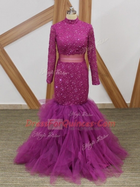 Fantastic High-neck Long Sleeves Tulle Prom Gown Lace and Ruffles Zipper