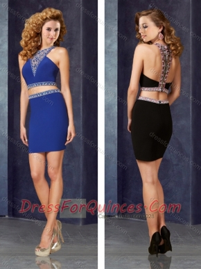 2016 New Two Piece Column Elastic Woven Satin Prom Dress with Beading