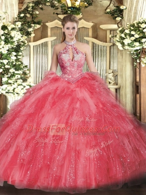 Dynamic Floor Length Lace Up Vestidos de Quinceanera Coral Red for Military Ball and Sweet 16 and Quinceanera with Beading and Ruffles