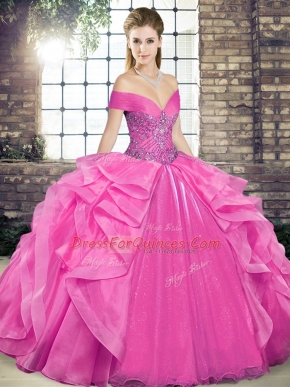 Simple Organza Off The Shoulder Sleeveless Lace Up Beading and Ruffles Quinceanera Dress in Rose Pink