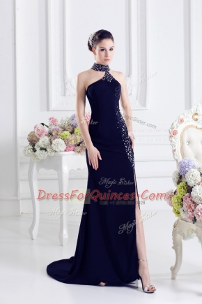 Navy Blue Prom Party Dress Halter Top Sleeveless Sweep Train Lace Up