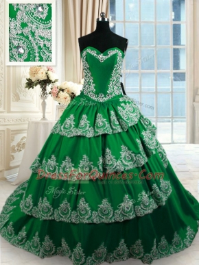 Suitable Dark Green Sleeveless With Train Beading and Appliques and Ruffled Layers Lace Up Sweet 16 Quinceanera Dress
