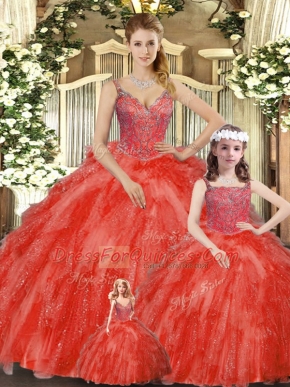 Red Ball Gowns Organza Straps Sleeveless Beading and Ruffles Floor Length Lace Up Sweet 16 Dress