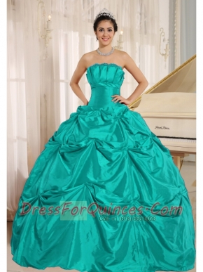 Turquoise Taffeta Ball Gown Dress With Pick ups and Ruching