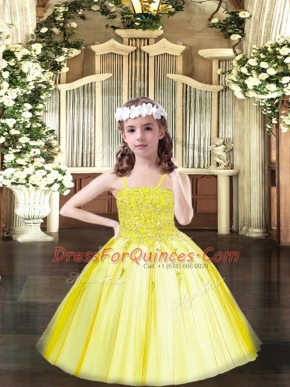 Lovely Yellow Tulle Lace Up Spaghetti Straps Sleeveless Floor Length Child Pageant Dress Beading