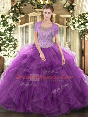 Ball Gowns Quinceanera Gown Eggplant Purple Scoop Tulle Sleeveless Floor Length Clasp Handle