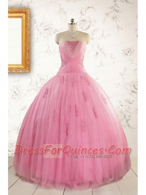 2015 Pretty Pink Quinceaneras Dresses with Appliques and Beading