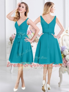 Cheap Teal Sleeveless Knee Length Ruching and Belt Zipper Quinceanera Court of Honor Dress