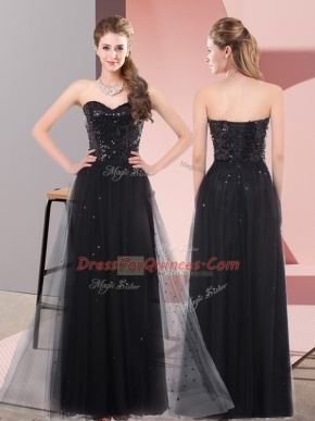 Charming Black Column/Sheath Sequins Prom Evening Gown Lace Up Tulle Sleeveless Floor Length