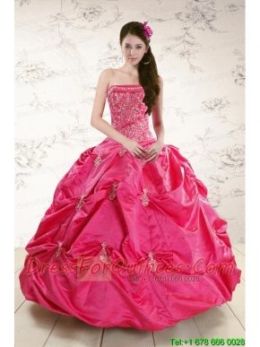 Strapless Hot Pink Quinceanera Dress with Appliques for 2015