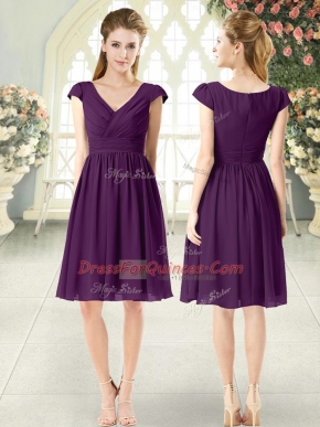 Chic V-neck Cap Sleeves Chiffon Prom Evening Gown Ruching Zipper