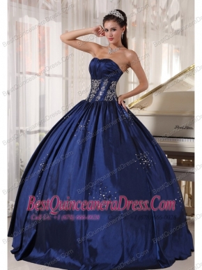 Navy Blue Ball Gown Strapless Floor-length Taffeta Embroidery and Beading Quinceanera Dress