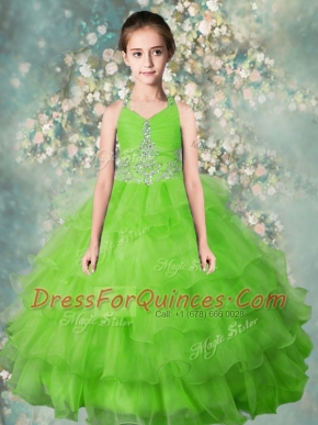 Custom Made Apple Green Zipper Halter Top Beading and Ruffled Layers Little Girl Pageant Gowns Organza Sleeveless