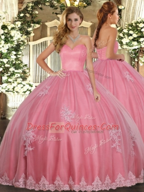 Decent Watermelon Red Ball Gowns Tulle Sweetheart Sleeveless Beading and Appliques Floor Length Lace Up Sweet 16 Quinceanera Dress
