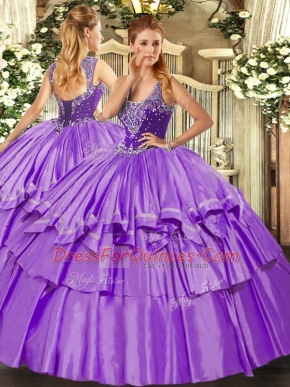 Lavender Straps Lace Up Beading and Ruffled Layers 15 Quinceanera Dress Sleeveless