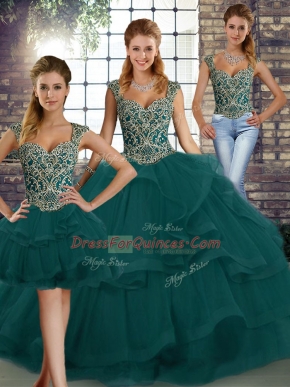 Peacock Green Lace Up Sweet 16 Dresses Beading and Ruffles Sleeveless Floor Length
