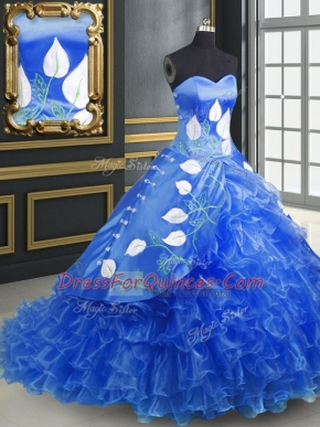 Extravagant Organza Sleeveless Sweet 16 Dress Brush Train and Embroidery and Ruffles