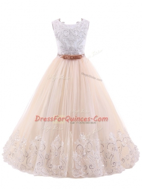 New Style Scoop Sleeveless Flower Girl Dresses Lace Brush Train Zipper