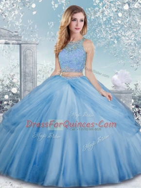 Floor Length Ball Gowns Sleeveless Baby Blue Quinceanera Gown Clasp Handle